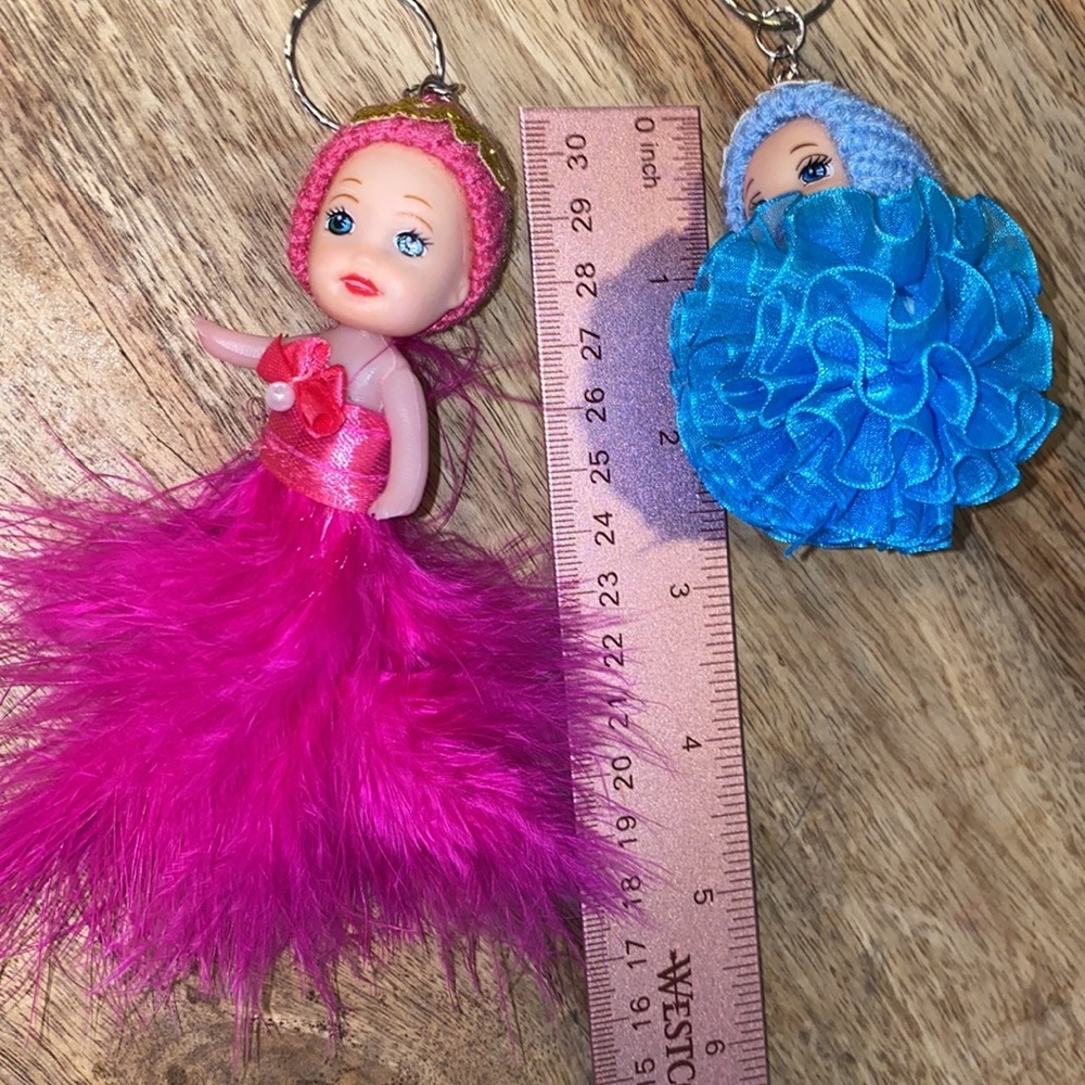 2 baby doll Christmas tree ornaments or keychains pink feather blue ribbon ball‌ - Picture 4 of 16